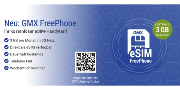 GMX FreePhone: Komplett kostenloser eSIM-Handytarif mit Telefonie-Flat & 3 GB Datenvolumen