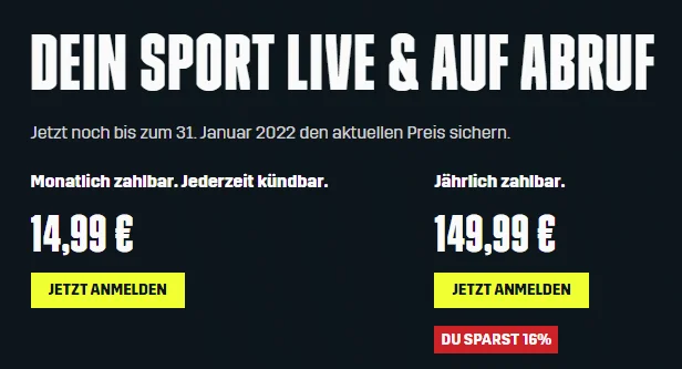 DAZN erhöht die Preise: Ab 1. Februar kostet ein Monatsabo für Neukunden 24,99 Euro