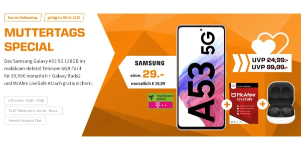 10 GB LTE (Telekom) für effektiv 5,65 Euro monatlich - Samsung Galaxy A53 5G inklusive Galaxy Buds2 für einmalig 29 Euro