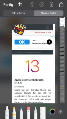 Tipp für iOS 13 & iPadOS 13: Screenshots von ganzen Webseiten erstellen