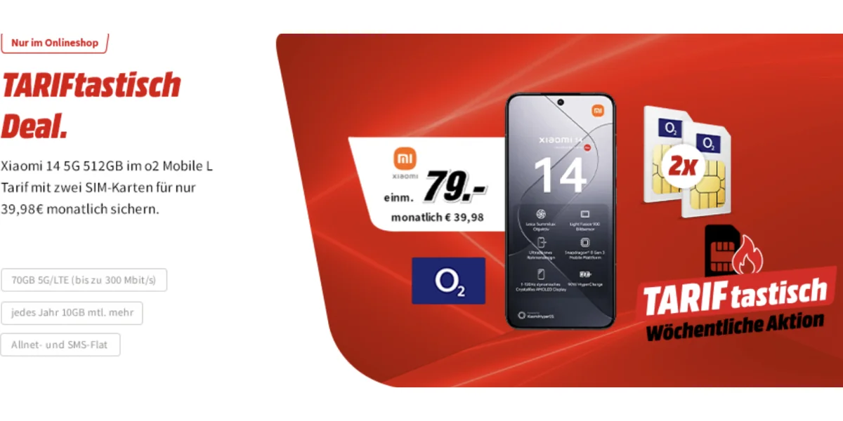 Neuheit: Xiaomi 14 + Tablet + 2 Rufnummern mit je 70 GB Daten für 39,98 € monatlich