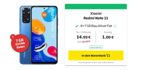 Xiaomi Redmi Note 11 + 15 GB Daten für monatlich 14,99 €