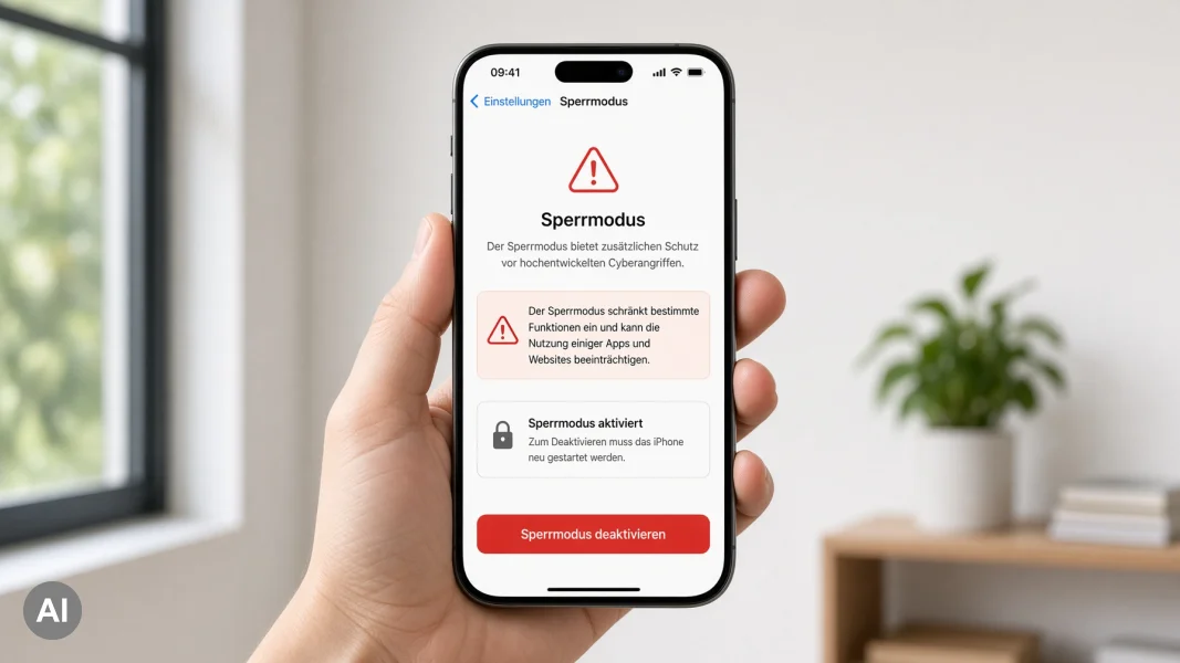 iPhone mit aktiviertem Lockdown-Modus auf Deutsch, um Spyware-Schutz zu verdeutlichen.