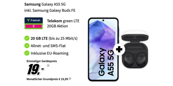 Samsung Galaxy A55 + Galaxy Buds FE: 20 GB Daten (Telekom) für effektiv 1,04 €