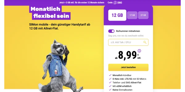 SIMon mobile: 12 GB Daten im Vodafone-Netz für 8,99 € monatlich + 3 GB zusätzlich