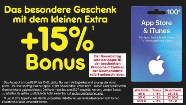 Bonusguthaben für iTunes-Karten: 15 Prozent extra bei ALDI Süd & Netto
