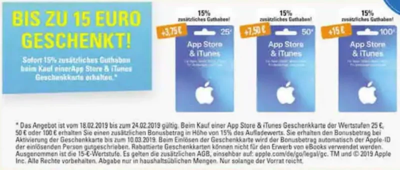 Bonusguthaben für iTunes-Karten: 15 Prozent extra bei Edeka, Marktkauf & Penny