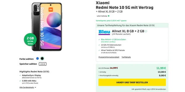 Xiaomi Redmi Note 10 5G mit 10 GB Allnet-Flat für nur 11,99 Euro monatlich und einmalig 13 Euro Zuzahlung