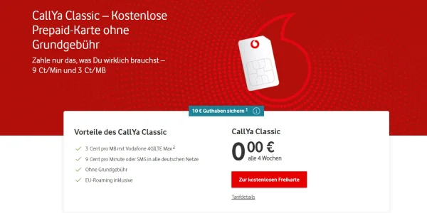 Vodafone Callya: Kostenlose Freikarte nutzen, nur 9 Cent je Minute oder SMS
