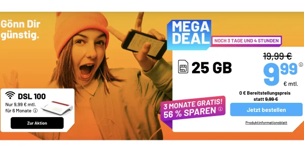 3 Monate gratis: 25 GB mit Allnet-Flat für nur 9,99 € und weitere Angebote bei sim.de