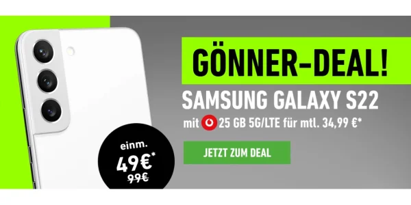 Samsung Galaxy S22 mit Vodafone-Vertrag inkl. 25 GB Daten für monatlich effektiv 4,57 Euro
