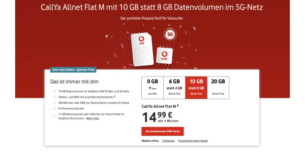 Vodafone Callya: Mehr Datenvolumen zum gleichen Preis