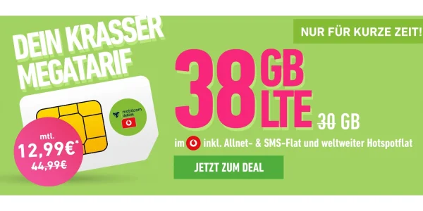 [Bis Montag] Krasser Tarif: 38 GB Allnet-Flat (Vodafone) für nur 12,99 Euro monatlich!