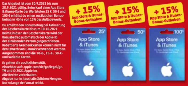 Bonusguthaben für iTunes-Karten: Bei Penny 15 Prozent zusätzlich sichern