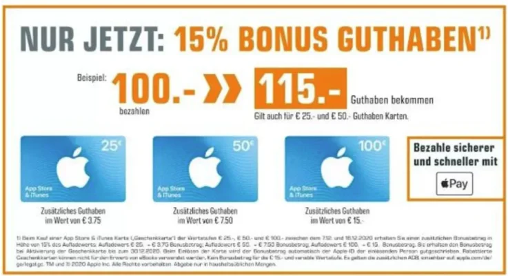 Bonusguthaben für iTunes-Karten: 15% extra bei Saturn, Aldi Nord & Aldi Süd