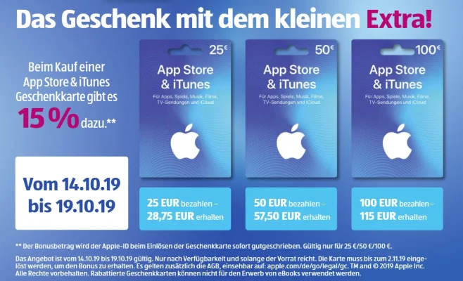 Bonusguthaben für iTunes-Karten: Diese Woche 15 Prozent extra bei ALDI Süd, Marktkauf & Edeka
