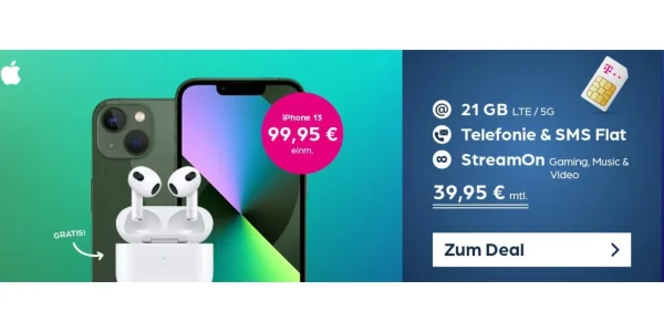 iPhone 13 + AirPods 3 + 21 GB Allnet-Flat von der Deutschen Telekom für effektiv 7,90 Euro monatlich