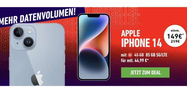 Mehr Datenvolumen: iPhone 14 inkl. 85 GB Daten (Vodafone) für monatlich 44,99 €