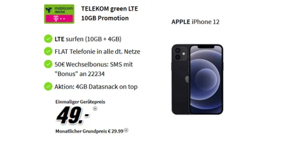 iPhone 12 (128 GB) im Telekom-Netz: 14 GB Allnet-Flat für effektiv 2,91 Euro