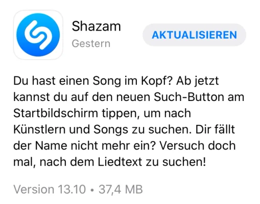 Neue Version von Shazam jetzt mit Such-Button