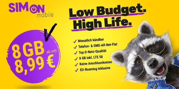 8 GB Allnet-Flat im Vodafone-Netz für nur 8,99 Euro - doppeltes Datenvolumen in den ersten 6 Monaten