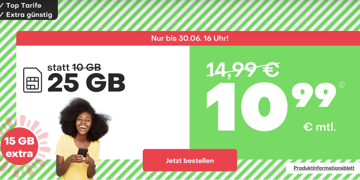 Monatlich kündbar: 25 GB Allnet-Flat nur 10,99 € und weitere starke Deals bei handyvertrag.de