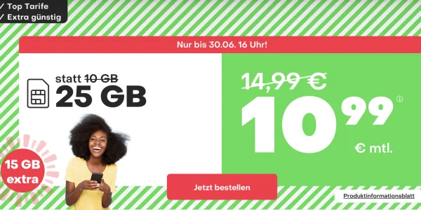 Monatlich kündbar: 25 GB Allnet-Flat nur 10,99 € und weitere starke Deals bei handyvertrag.de