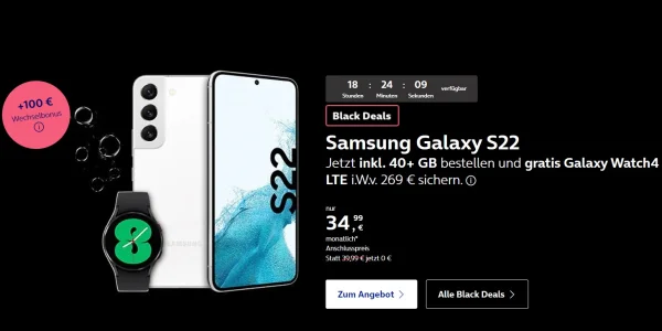 Cyber Week: Samsung Galaxy S22 + Galaxy Watch 4 + 40 GB Daten ab 34,99 € monatlich
