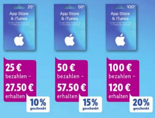 Bonusguthaben für iTunes-Karten: Bis zu 20 Prozent geschenkt bei LIDL & Rewe