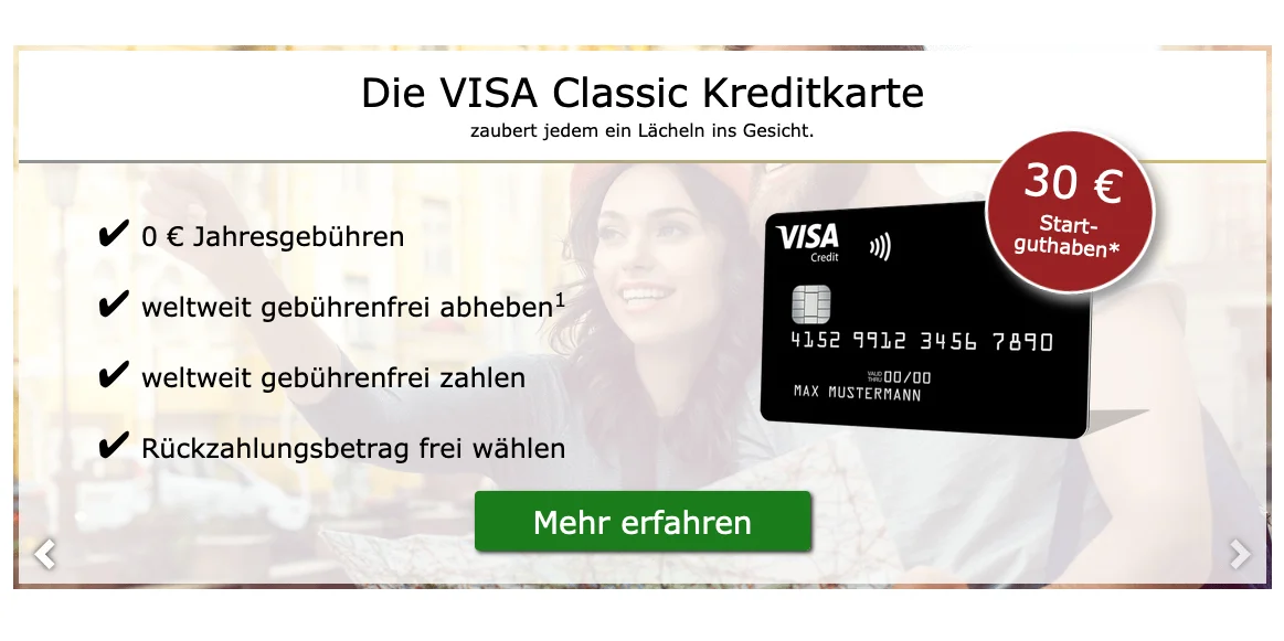 Kostenlose VISA Kreditkarte inkl. Apple Pay Unterstützung und 30 Euro Startguthaben