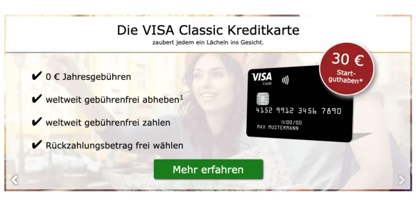 Kostenlose VISA Kreditkarte inkl. Apple Pay Unterstützung und 30 Euro Startguthaben