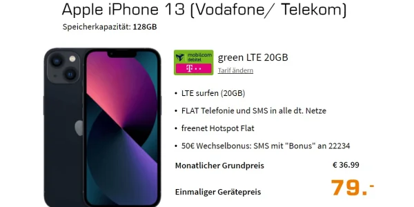 iPhone 13 + 20 GB Allnet-Flat für effektiv 7,86 € mtl. (wahlweise Telekom oder Vodafone)