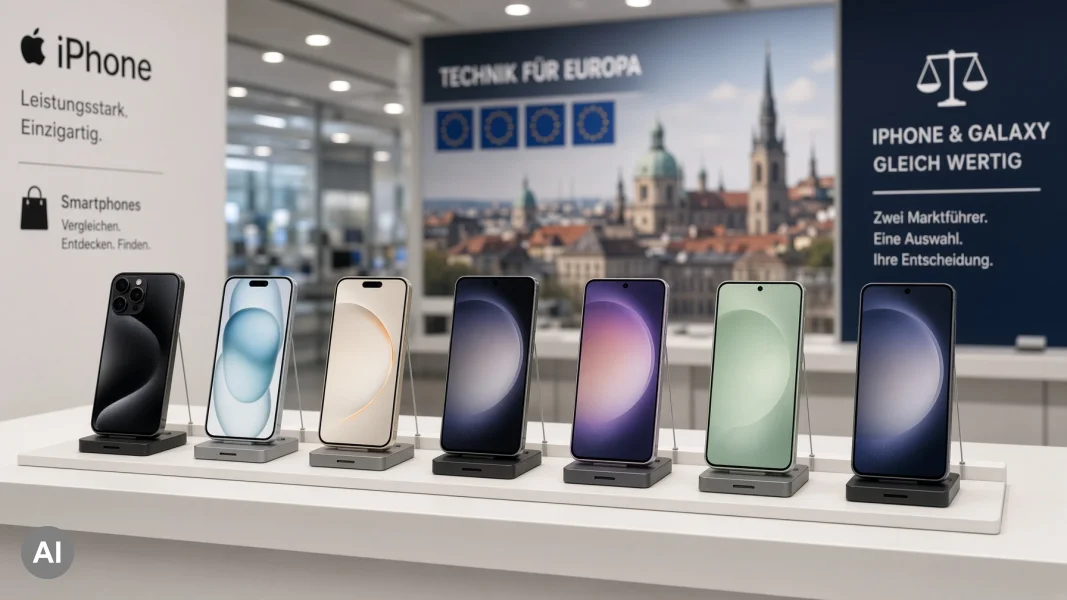 Apple-iPhones und Samsung-Galaxy-Handys stehen nebeneinander in einer europäischen Filiale.