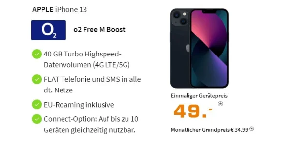 Starker Preis: iPhone 13 einmalig 49 Euro, 40 GB mit 5G (o2) effektiv nur 6,45 Euro