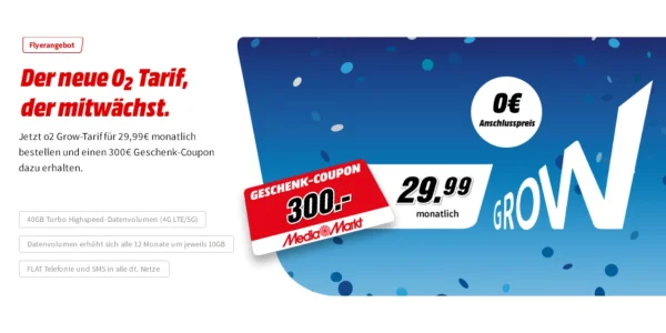 40 GB Allnet-Flat von o2 für effektiv 17,49 Euro im Monat (300 Euro MediaMarkt-Gutschein)
