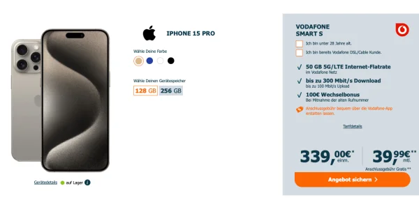 iPhone 15 Pro mit Vodafone-Vertrag und 50 GB Daten für effektiv 8,53 € monatlich