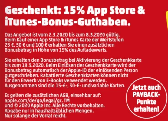 Bonusguthaben für iTunes-Karten: PENNY diese Woche mit 15 Prozent extra & Payback-Punkten