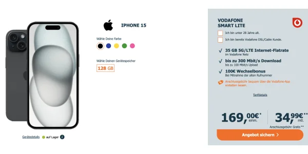 iPhone 15 inklusive 35 GB Daten im Vodafone-Netz für effektiv 7,66 € monatlich