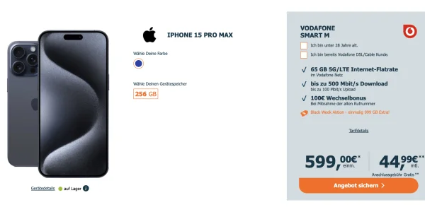 iPhone 15 Pro Max mit über 100 GB Daten im 5G-Netz von Vodafone für effektiv 10,61 € monatlich