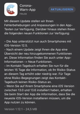 Version 1.12: Corona-Warn-App erscheint für iOS 12.5 & neue Funktionen via Update