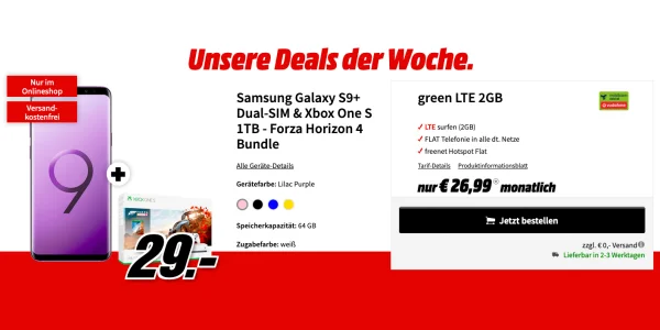 2GB LTE Tarif mit Samsung Galaxy S9+ Dual-SIM & Xbox One S 1TB - Forza Horizon 4 Bundle für nur 26,99€ monatlich