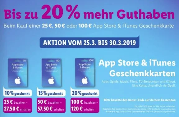 Bonusguthaben & günstigere iTunes-Karten bei LIDL, Marktkauf, Edeka & Trinkgut