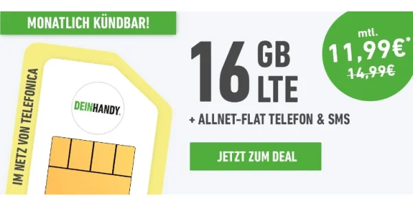 [Noch verfügbar] 16 GB inkl. Allnet-Flat für 11,99 Euro: Monatlich kündbar