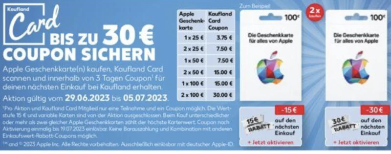 Kaufland: Bis zu 30 Euro Einkaufsgutschein beim Kauf von Apple Gift Cards