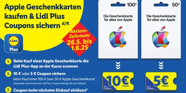 Apple Geschenkkarte bei LIDL kaufen und bis zu 15 Euro als Einkaufsgutschein erhalten
