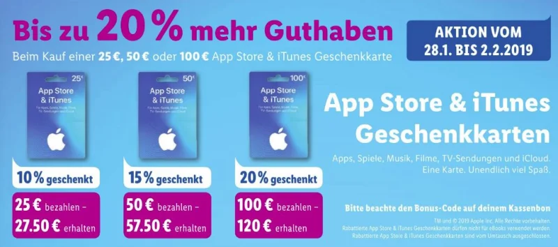 Bonus-Guthaben für iTunes-Karten: Bis zu 20 Prozent extra bei LIDL