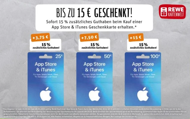 Bonusguthaben für iTunes-Karten: 15 Prozent extra bei Rewe & Saturn (Update)