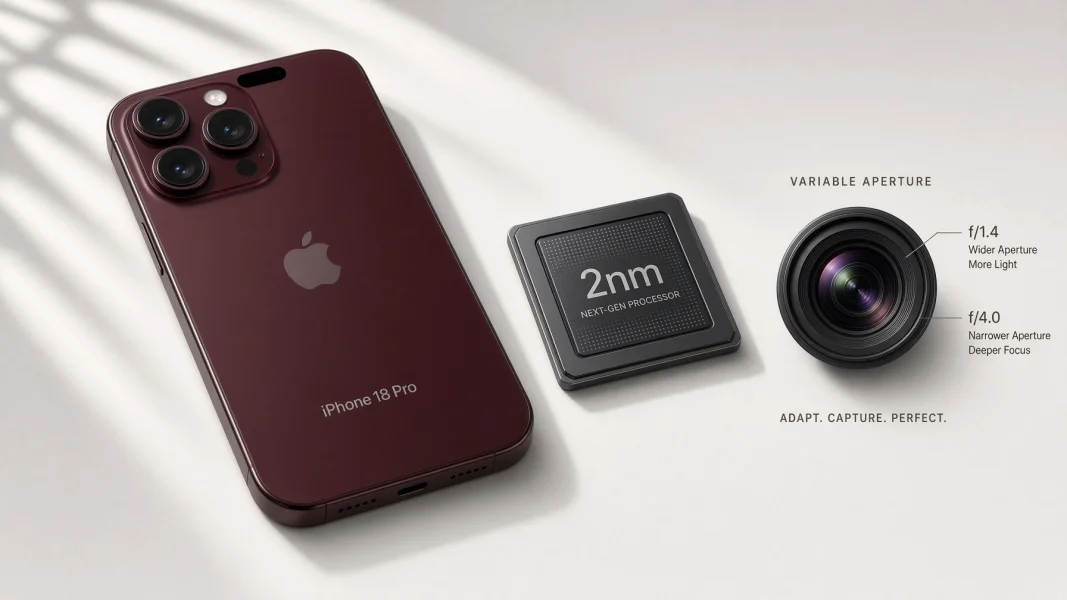 iPhone 18 Pro in Dark Cherry mit kleinerer Dynamic Island, 2-nm-Chip und variabler Kamera-Blende.