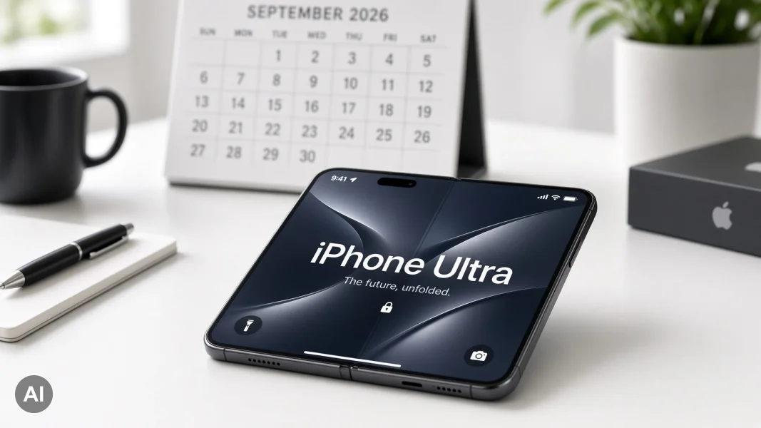Faltbares iPhone mit "Ultra"-Aufdruck auf hellem Tisch, Hintergrund mit Kalender September 2026