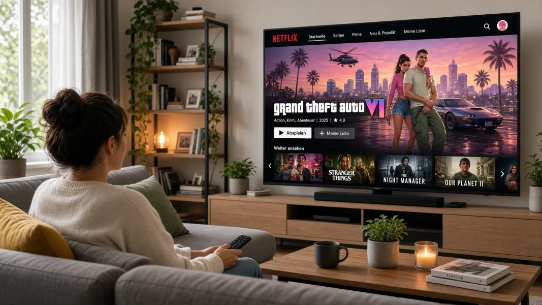 TV im Wohnzimmer zeigt Netflix mit GTA 6-Preview, Person auf Sofa schaut zu.